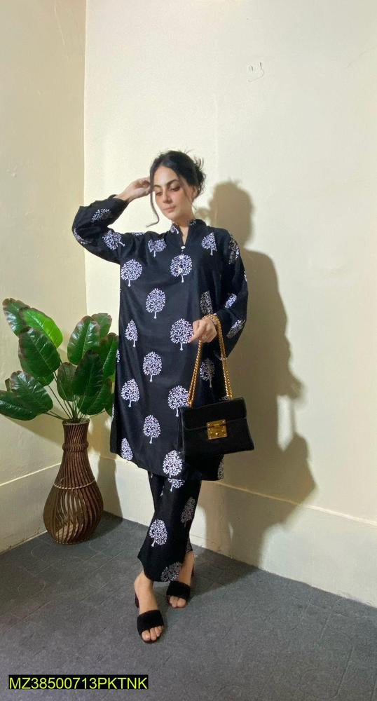 2 Pcs Women's Stitched Linen Printed Suit